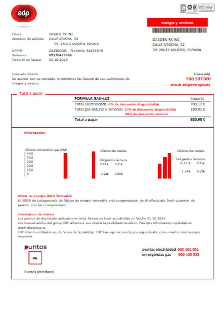 EDP Spain Energia utility business bill, SCR PSD template